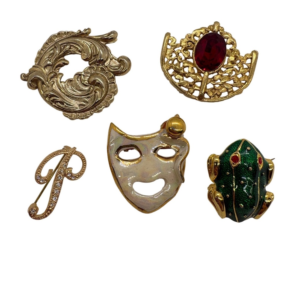 Vintage Gold Tone Brooch Lot Enamel Frog Mask Initial P Red Stone 5pc Set